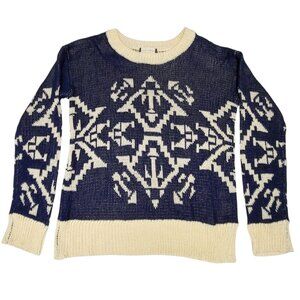 Fifty Street Womens Pullover Sweater Navy Cream Pattern Loose Knit Small